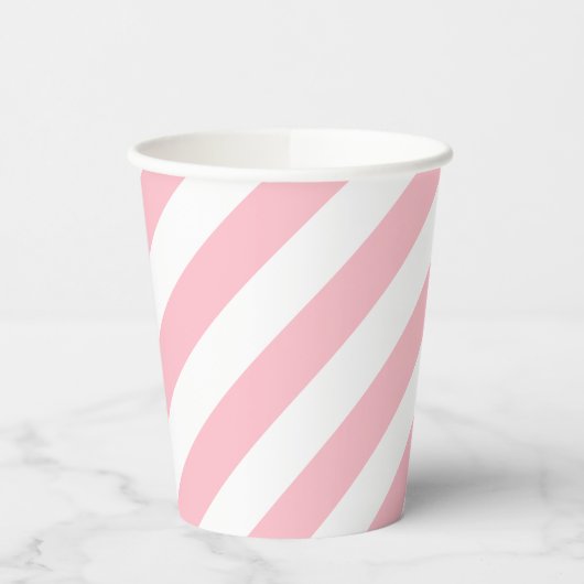 Roze en Wit Grote Grootte Diagonale Strepen Papieren Bekers (Links)