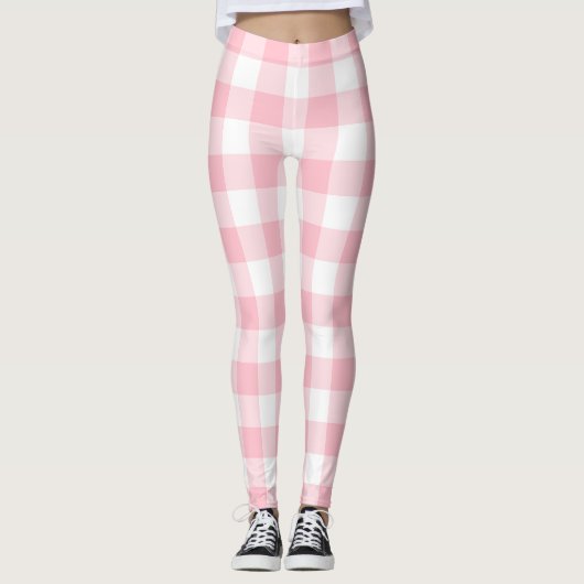 Roze en Wit Grote Grootte Gingham Checks Leggings (Voorkant)