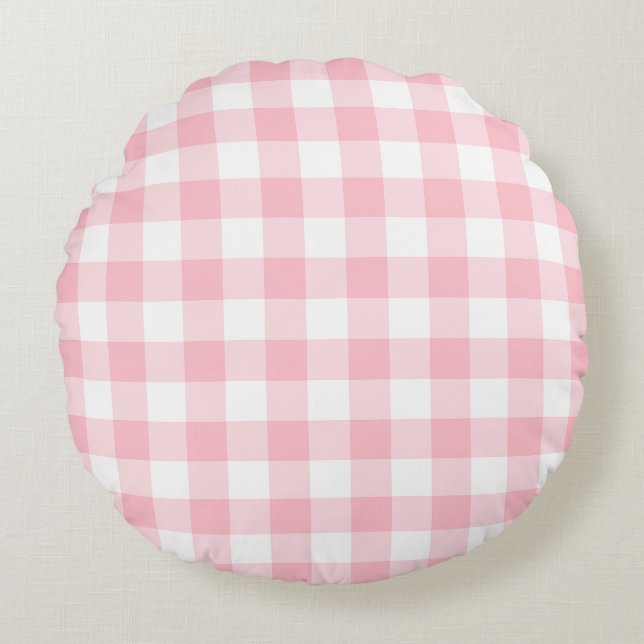 Roze en Wit Grote Grootte Gingham Checks Rond Kussen (Voorkant)