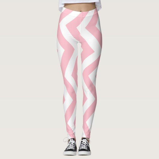 Roze en Wit Grote Grootte Verticale Chevron Leggings (Voorkant)