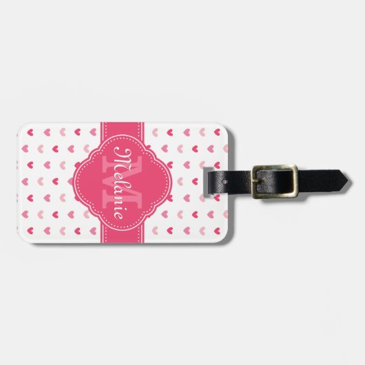 Roze en wit hartpatroon met monogram bagagelabel (Voorkant horizontaal)
