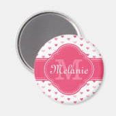 Roze en wit hartpatroon met monogram magneet (Voorkant / Achterkant)