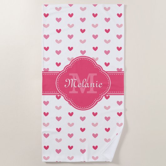 Roze en wit hartpatroon met monogram strandlaken (Voorkant)