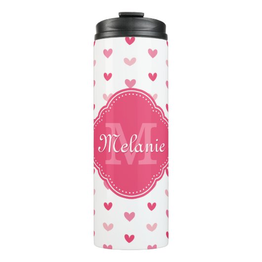 Roze en wit hartpatroon met monogram thermosbeker (Voorkant)