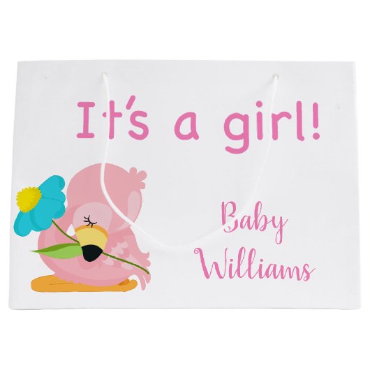 Roze en wit Het is een meisje Flamingo Groot Cadeauzakje (Voorkant)