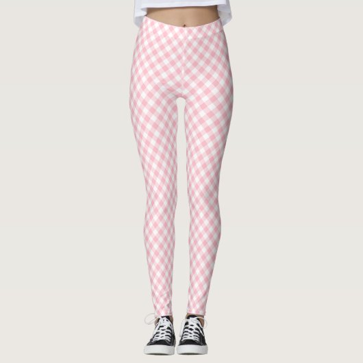 Roze en Wit Kleine Diagonale Grootte Gingham Contr Leggings (Voorkant)