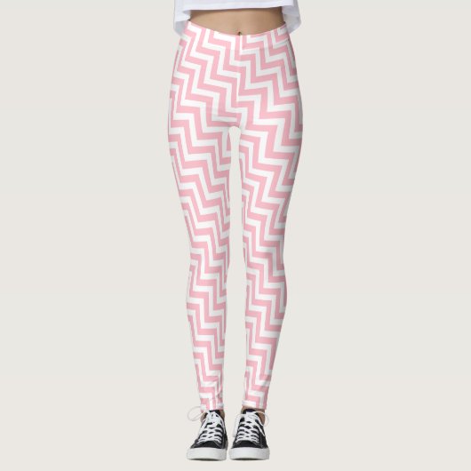 Roze en Wit Kleine Grootte Diagonale Chevron Leggings (Voorkant)