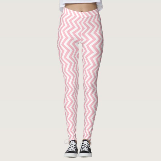 Roze en Wit Kleine Grootte Verticale Chevron Leggings (Voorkant)