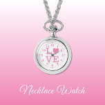 Roze en wit Liefde Ketting Watch<br><div class="desc">Ketting Horloge cadeau. Met het woord 'love' en een hartvorm ter vervanging van de letter O. Roze en wit</div>