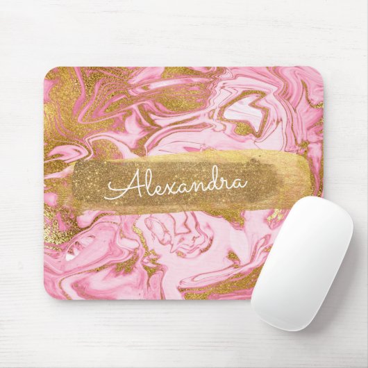 Roze en wit marmer met goudfolie en glitter muismat (Met muis)