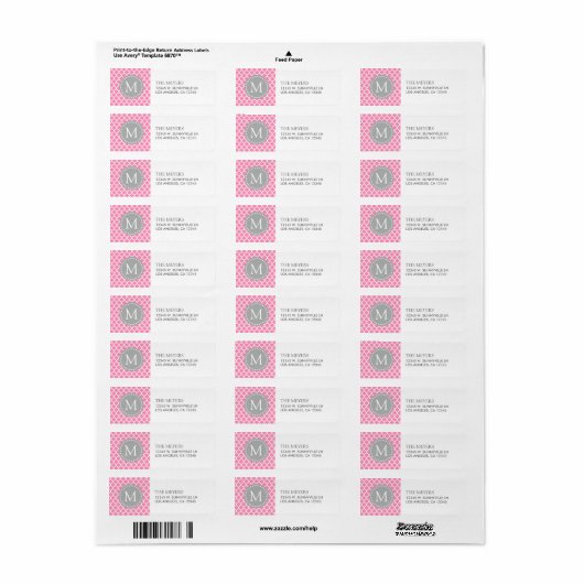 Roze en Wit Marokkaans Patroon met Monogram Etiket (Full Sheet)