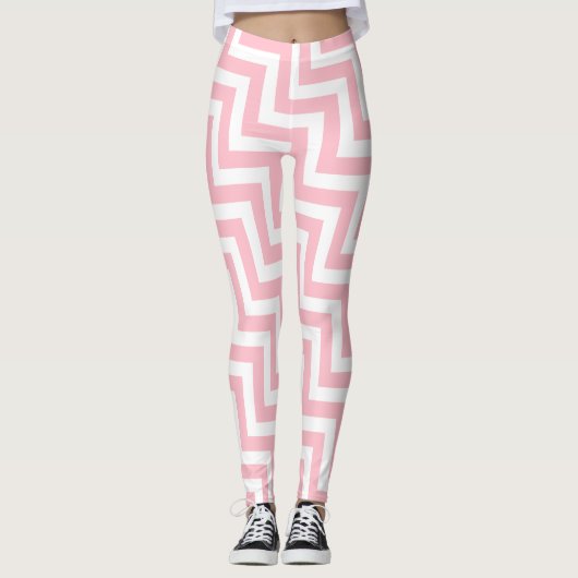 Roze en Wit Medium Size Diagonale Chevron Leggings (Voorkant)