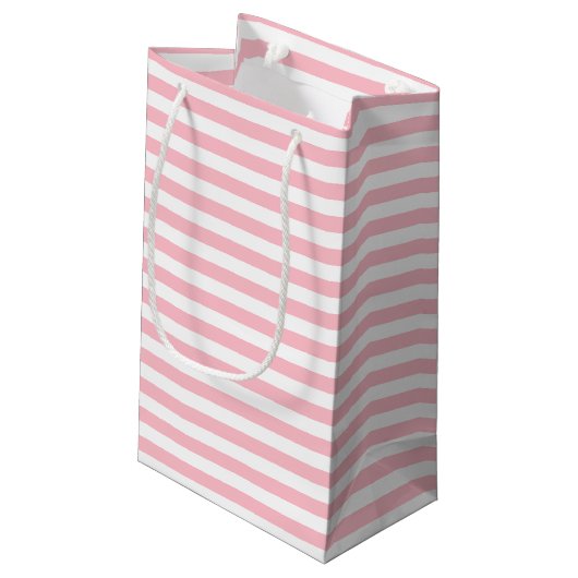 Roze en Wit Medium Size Horizontale Stripes Klein Cadeauzakje (Achterkant Gekanteld)