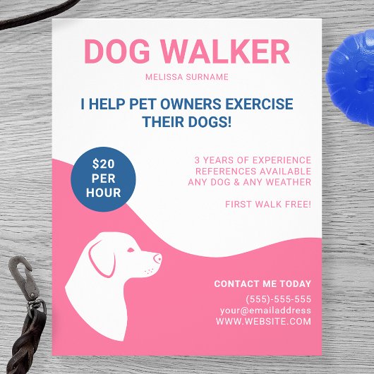 Roze en wit met blauwe Sjabloon van de Dog Walker Flyer