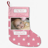 Roze en wit met sterren foto en naam eerst kleine kerstsok (Voorkant)
