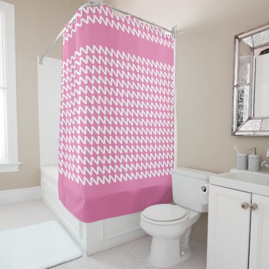 Roze en wit Moderne Scherpe Golven Douchegordijn (In situ)