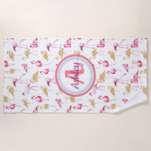 Roze en wit, Monogram, Flamingo patroon. Strandlaken (Voorkant)
