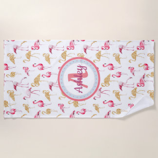 Roze en wit, Monogram, Flamingo patroon. Strandlaken