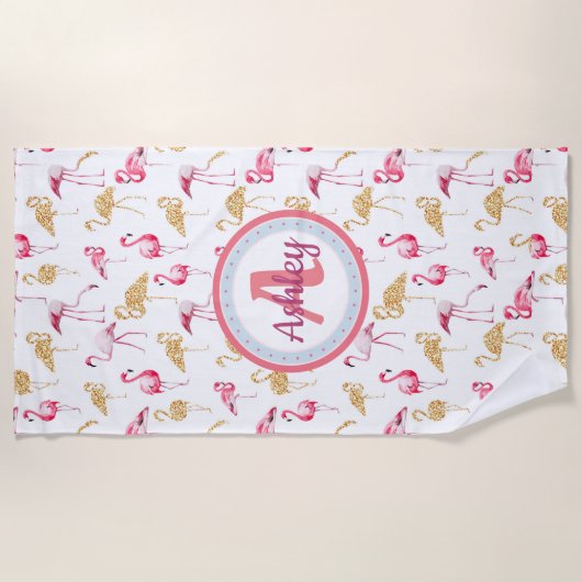 Roze en wit, Monogram, Flamingo patroon. Strandlaken (Voorkant)