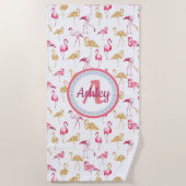 Roze en wit, Monogram, Flamingo patroon. Strandlaken (Voorkant)