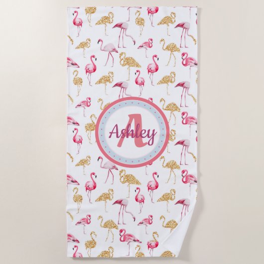 Roze en wit, Monogram, Flamingo patroon. Strandlaken (Voorkant)