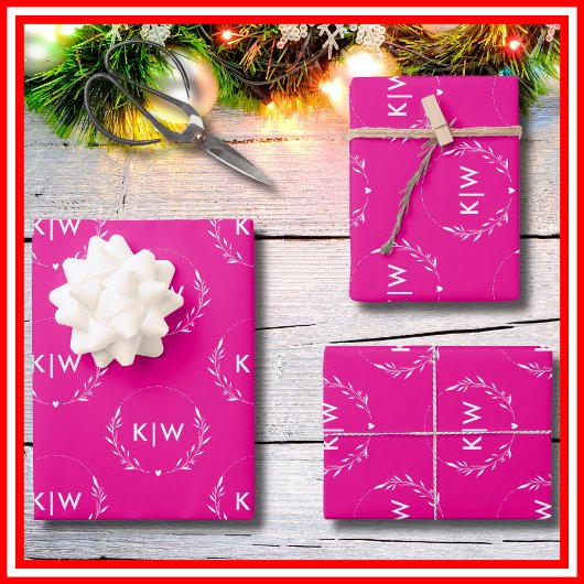Roze en wit | Monogram moderne Initialen Inpakpapier Vel