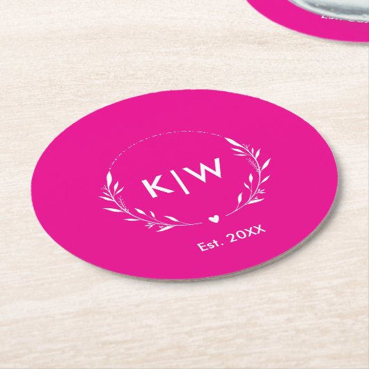 Roze en wit | Monogram moderne Initialen Ronde Kartonnen Onderzetter (Gebogen)