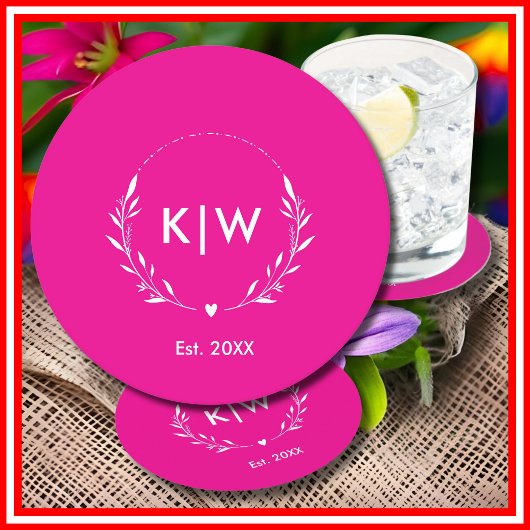 Roze en wit | Monogram moderne Initialen Ronde Kartonnen Onderzetter
