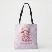 Roze en Wit Mummy Roze Plaid Halloween Tote Bag (Voorkant)