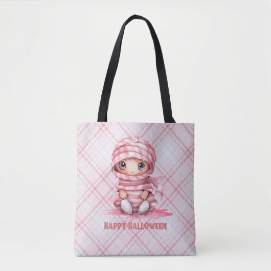 Roze en Wit Mummy Roze Plaid Halloween Tote Bag (Voorkant)