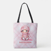 Roze en Wit Mummy Roze Plaid Halloween Tote Bag (Achterkant)