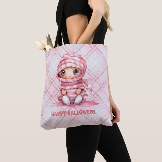Roze en Wit Mummy Roze Plaid Halloween Tote Bag (Dichtbij)