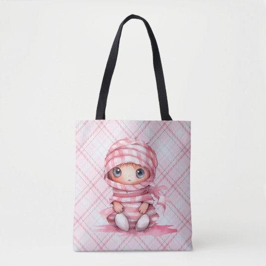 Roze en Wit Mummy Roze Plaid Halloween Tote Bag (Voorkant)