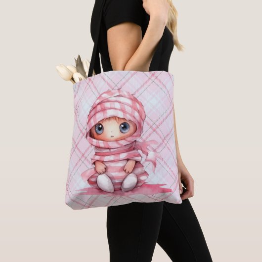 Roze en Wit Mummy Roze Plaid Halloween Tote Bag (Dichtbij)