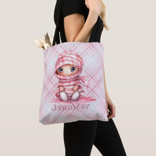 Roze en Wit Mummy Roze Plaid Halloween Tote Bag (Dichtbij)