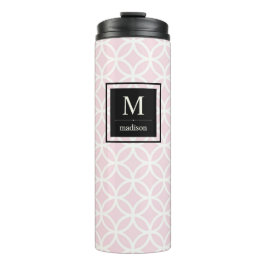 Roze en wit patroon met zwart monogram thermosbeker