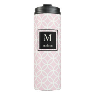 Roze en wit patroon met zwart monogram thermosbeker