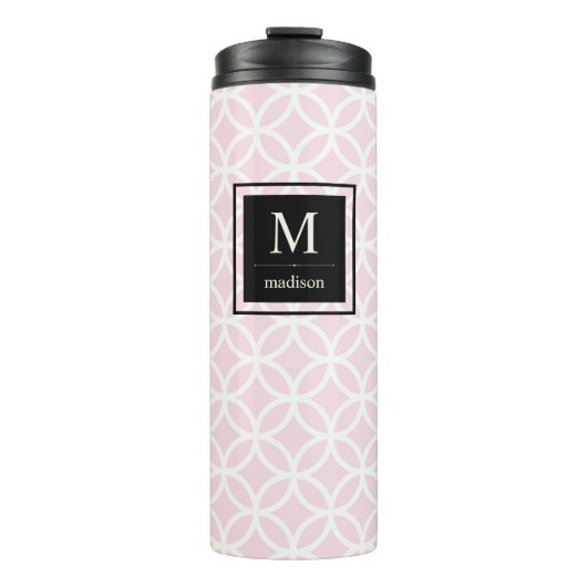 Roze en wit patroon met zwart monogram thermosbeker (Voorkant)