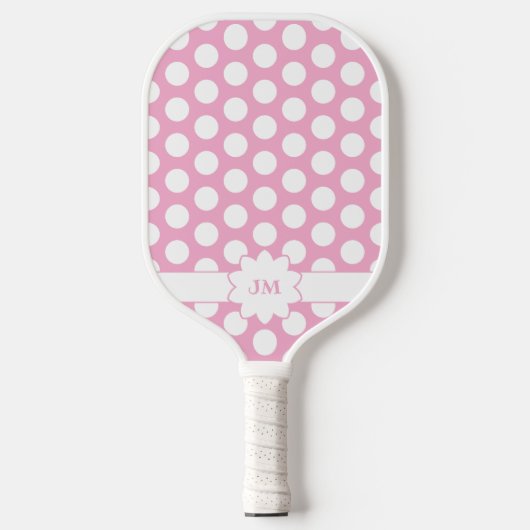 Roze en Wit Polka Dot Monogram Pickleball Paddle (Voorkant)