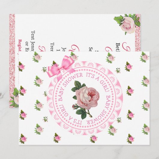 Roze en Wit Rozen Meisje's Baby shower Invitation Kaart (Voorkant / Achterkant)