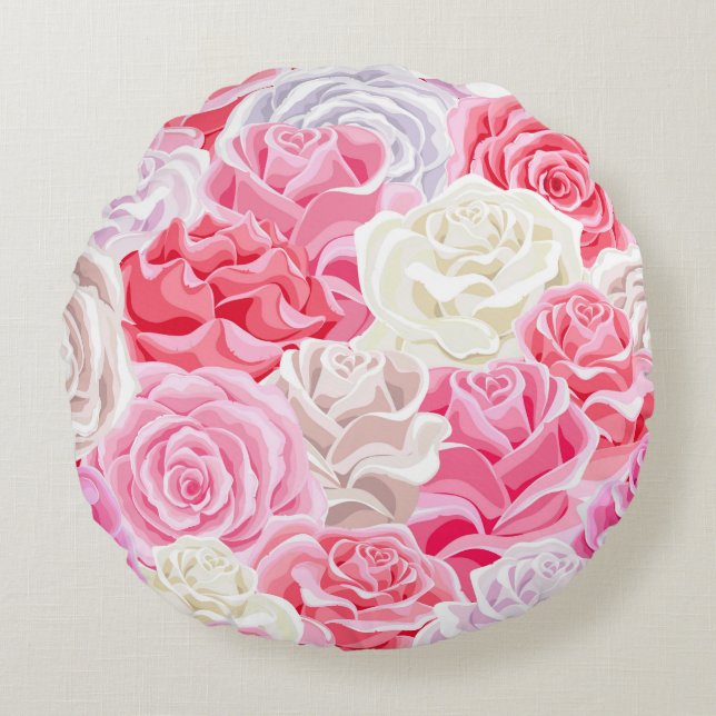 roze en wit rozen naadloos patroon. Flowers tex Rond Kussen (Voorkant)