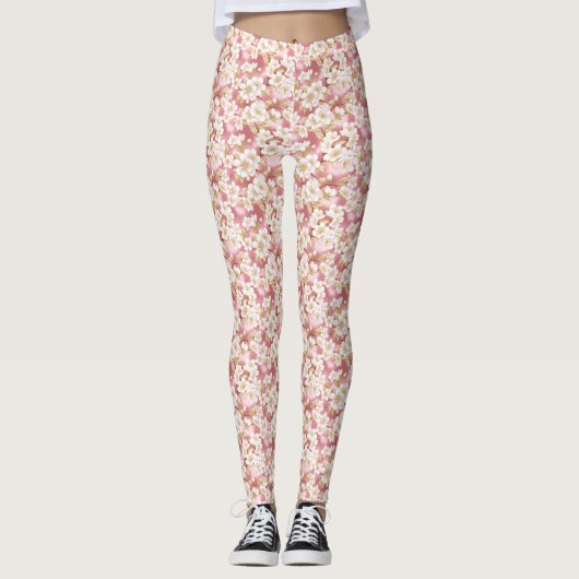 Roze en Wit Sakura Patroon Leggings (Voorkant)