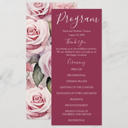 Roze en witroze rozen trouwprogramma's menu (Voorkant / Achterkant)