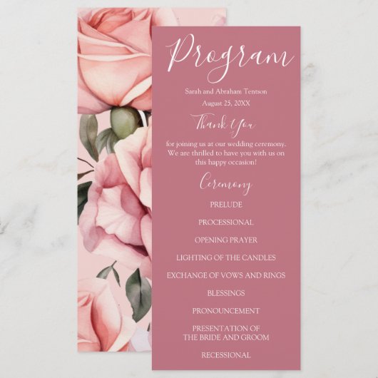 Roze en witroze rozen trouwprogramma's menu (Voorkant / Achterkant)