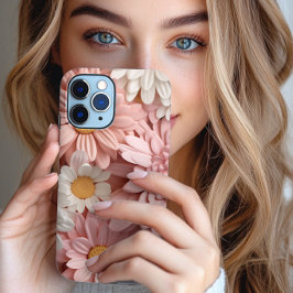 Roze en witte 3D daisy bloem Case-Mate iPhone 14 Hoesje