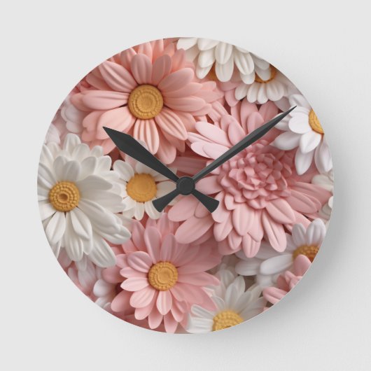 Roze en witte 3D daisy bloem Ronde Klok (Voorkant)