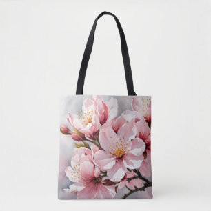 Roze en witte abrikozenbloesems op grijze achtergr tote bag