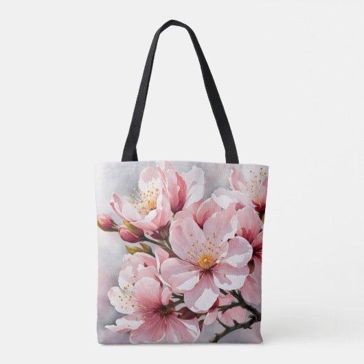 Roze en witte abrikozenbloesems op grijze achtergr tote bag (Achterkant)