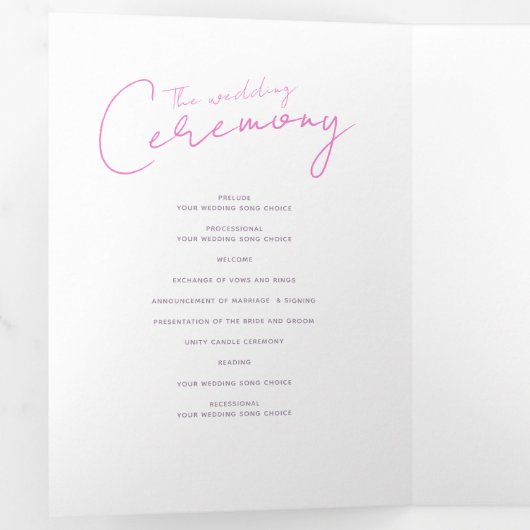 Roze en witte abstracte huwelijksceremonie drieluik programma (Binnenzijde eerst)