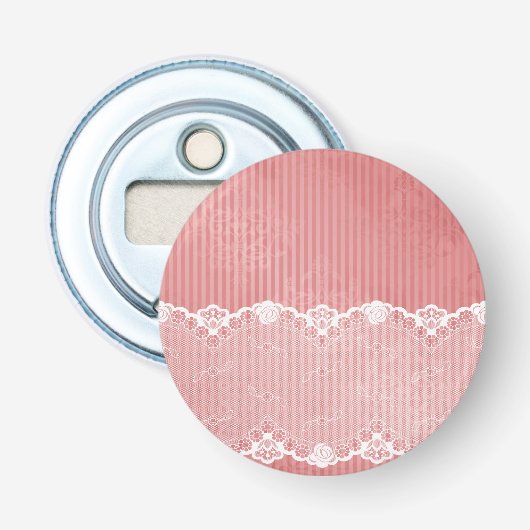 Roze en witte achtergrond met zwarte kant button flesopener (Voorkant)